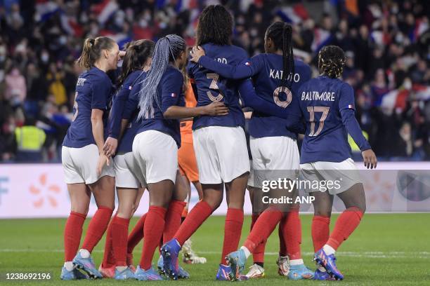 Wendie Renard of France women celebrate 1-0 during the international women's friendly match between France and the Netherlands at Stade Oceane on...