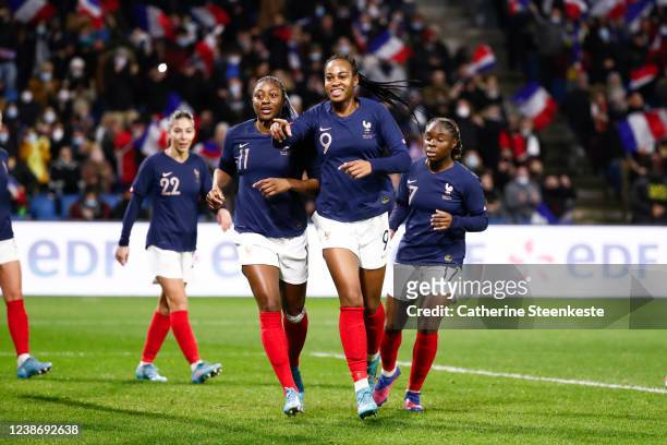 Marie Antoinette Katoto of France celebrates her goal with Kadidiatou Diani of France during the Tournoi de France 2022 match between Women's France...