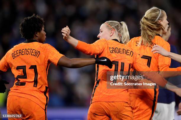 Lineth Beerensteyn of Holland Women celebrates 2-1 with Katja Snoeijs of Holland Women, Jackie Groenen of Holland Women during the International...