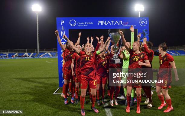 Belgian players celebrating after winning the match Belgium vs Russia , third and final match of Belgium's national women's soccer team the Red...