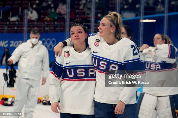 Winter Olympics: USA Amanda Kessel with Cayla Barnes after game vs Canada after Gold Medal Game at Wukesong Sports Centre. Canada wins gold. Beijing,...