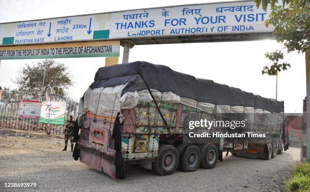 Truck carrying wheat from India passes through the Attari-Wagah border between India and Pakistan on February 22, 2022 in Amritsar, India.