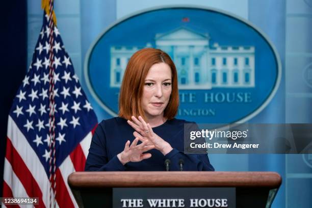 White House Press Secretary Jen Psaki speaks during the daily press briefing at the White House February 22, 2022 in Washington, DC. Deputy National...