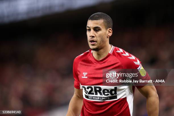 Lee Peltier of Middlesbrough during the Sky Bet Championship match between Middlesbrough and West Bromwich Albion at Riverside Stadium on February...