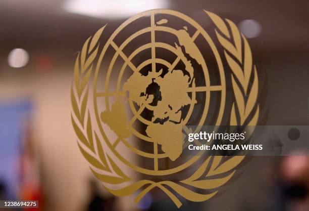 The United Nations logo is seen inside the United Nations headquarters in New York City on February 22, 2022.