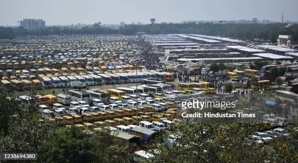 An aerial view of Smriti Upvan where polling officials gathered on the eve of fourth phase of the assembly elections on February 22, 2022 in Lucknow,...