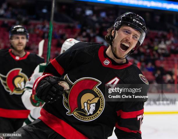 Thomas Chabot of the Ottawa Senators celebrates his first period goal against the Minnesota Wild at Canadian Tire Centre on February 22, 2022 in...