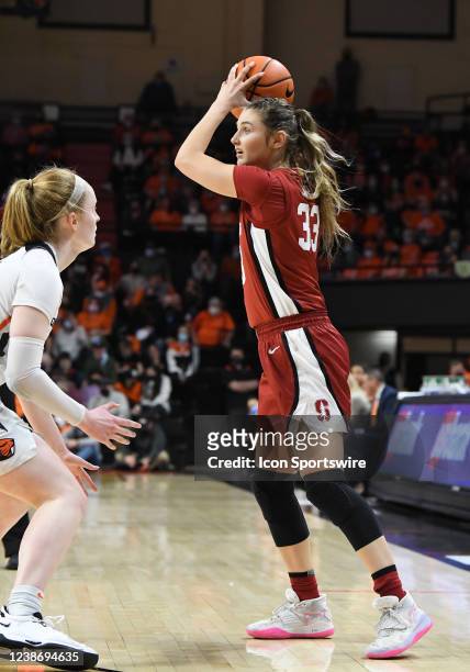 Stanford Cardinal guard Hannah Jump looks to pass during a PAC-12 Conference womens basketball game between the Oregon State Beavers and Stanford...