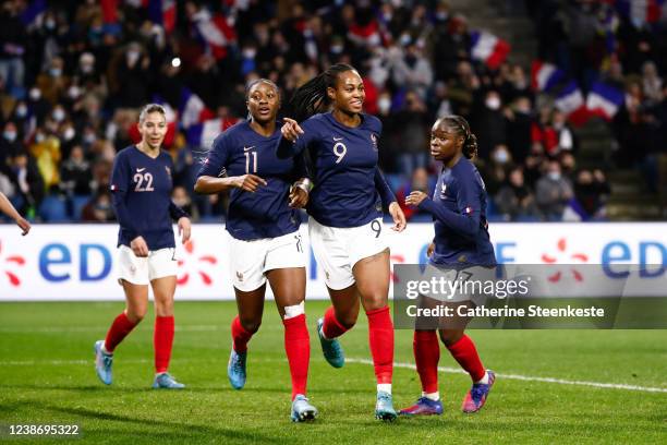 Marie Antoinette Katoto of France celebrates her goal with Kadidiatou Diani of France during the Tournoi de France 2022 match between Women's France...