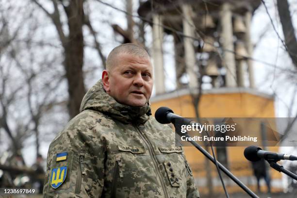 Commander-in-Chief of the Armed Forces of Ukraine Lt Gen Valerii Zaluzhnyi delivers a speech during the commemorative event for the Debaltseve...