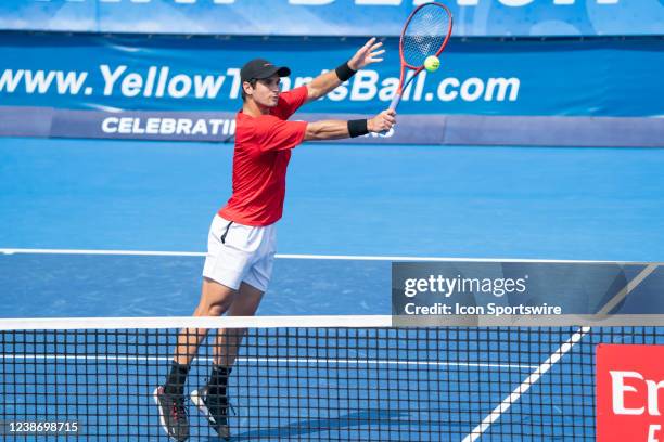 Marcos Giron and Hans Hach Verdugo compete during the doubles semi finals of the ATP Delray Beach Open on February 19 at the Delray Beach Stadium &...