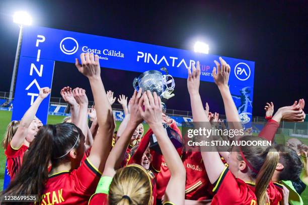 Belgian players celebrating after winning the match Belgium vs Russia, third and final match of Belgium's national women's soccer team the Red...