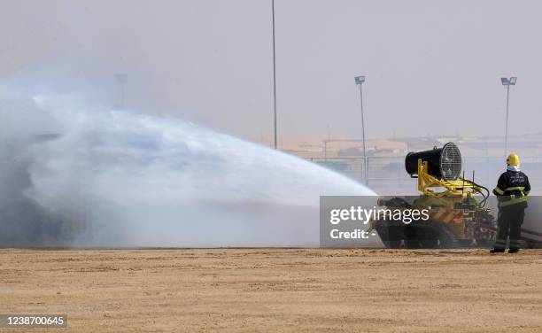 Light unmanned Fire Fighter by UAE is used during a live demonstration at the UMEX Exhibition showcasing drones, robotics, and unmanned sytems at the...