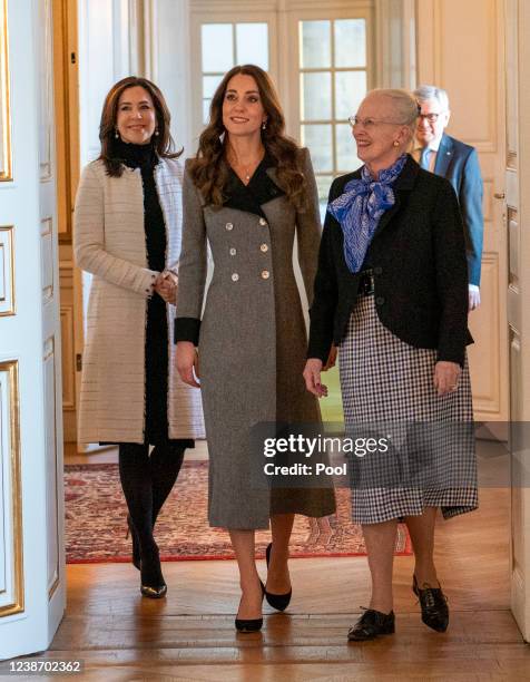 Catherine, Duchess of Cambridge is welcomed by Queen Margrethe II and Crown Princess Mary of Denmark during an audience at Christian IX's Palace on...