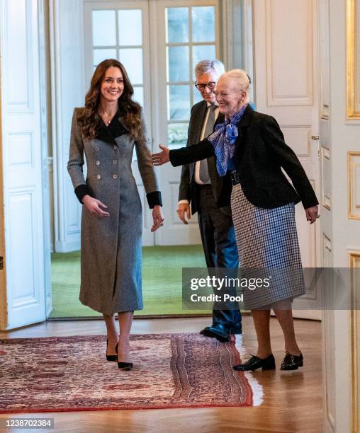 Catherine, Duchess of Cambridge is welcomed by Queen Margrethe II and Crown Princess Mary of Denmark during an audience at Christian IX's Palace on...