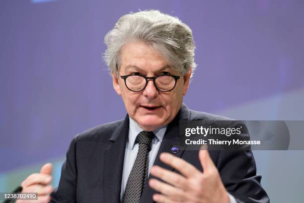 Commissioner for Internal Market Thierry Breton talks to media on February 23, 2022 in Brussels, Belgium. Today, the EU Commission proposes new rules...