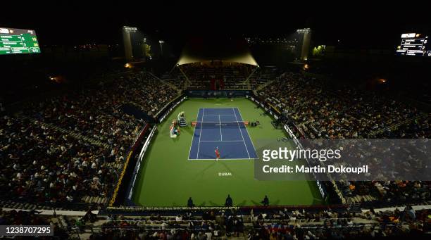 Karen Khachanov of Russia serves in the second round match against Novak Djokovic of Serbia during day 10 of the Dubai Duty Free Tennis at Dubai Duty...