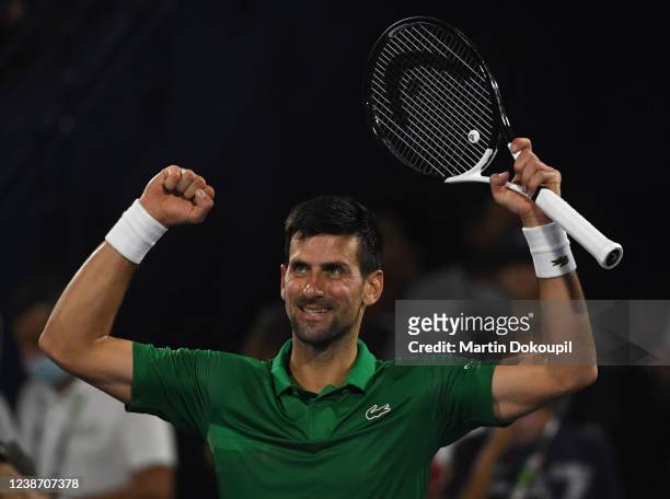 Novak Djokovic of Serbia reacts after beating Karen Khachanov of Russia in the second round match during day 10 of the Dubai Duty Free Tennis at...