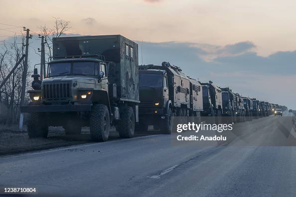 A convoy of Russian military vehicles moving towards border in Donbas region A convoy of Russian military vehicles moving towards border in Donbas region