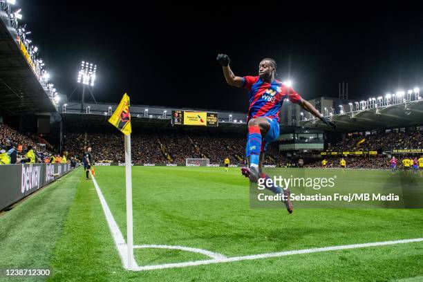 Jean-Philippe Mateta of Crystal Palace celebrates after scoring a goal during the Premier League match between Watford and Crystal Palace at Vicarage...