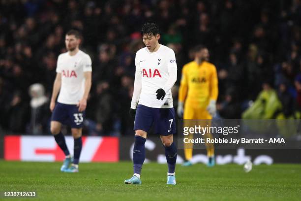 Deejcted Son Heung-Min of Tottenham Hotspur after conceding the first goal to make it 1-0 during the Premier League match between Burnley and...