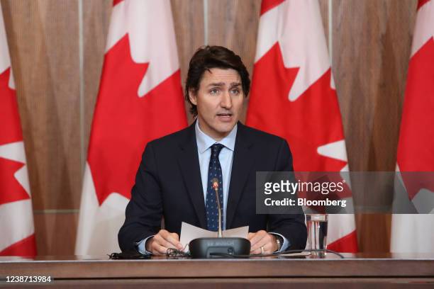 Justin Trudeau, Canada's prime minister, speaks during a news conference on Parliament Hill in Ottawa, Ontario, Canada, on Wednesday, Feb. 23, 2022....