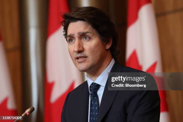 Justin Trudeau, Canada's prime minister, speaks during a news conference on Parliament Hill in Ottawa, Ontario, Canada, on Wednesday, Feb. 23, 2022....