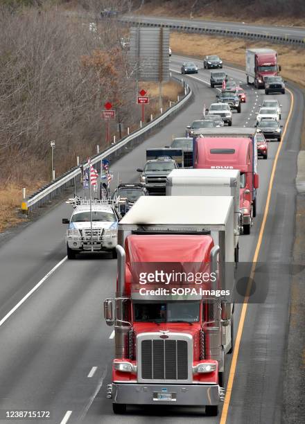 View of trucks and cars in support of the truckers protest heading to south on Interstate 81 as part of three trucker convoys. Scranton trucking...