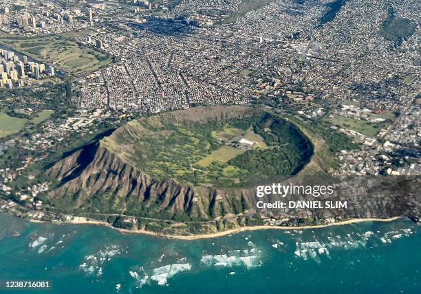 An aerial view shows Diamond Head crater in Oahu, Hawaii on February 23, 2022.