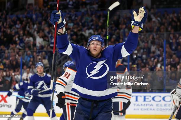 Corey Perry of the Tampa Bay Lightning celebrates his 400th career goal against the Edmonton Oilers during the second period at the Amalie Arena on...