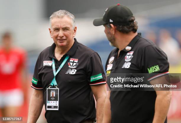 Ernie Merrick and senior coach Brett Ratten of the Saints look on during an AFL practice match between the Carlton Blues and the St Kilda Saints at...