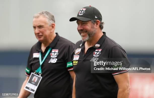 Ernie Merrick and senior coach Brett Ratten of the Saints look on during an AFL practice match between the Carlton Blues and the St Kilda Saints at...