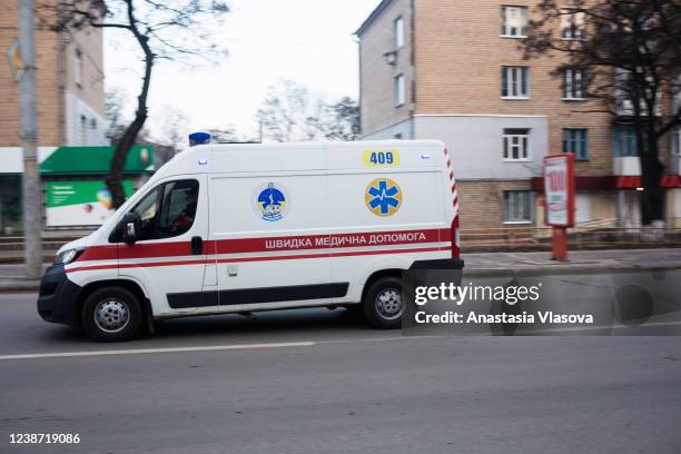 An ambulance drives through a street on February 24, 2022 in Kramatorsk, Ukraine. Overnight, Russia began a large-scale attack on Ukraine, with...
