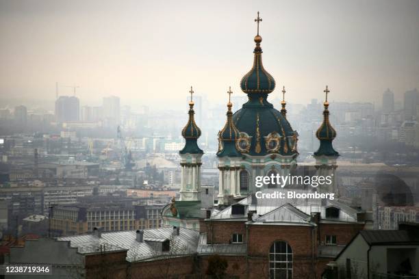 The domes of the St. Andrew's Church in Kyiv, Ukraine, on Thursday, Feb. 24, 2022. Russian forces attacked targets across Ukraine after...