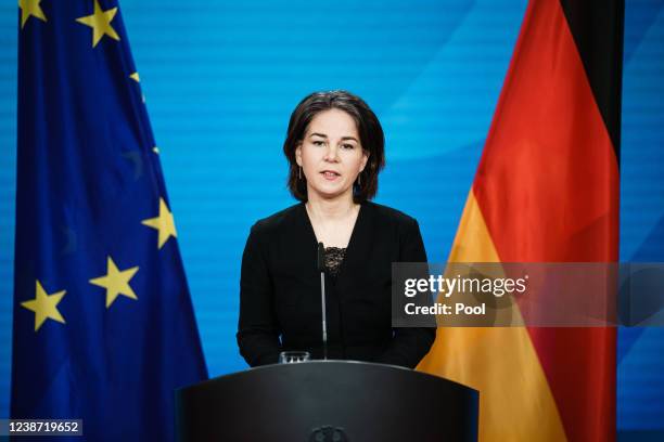 German Foreign Minister Annalena Baerbock delivers a statement following a meeting with her Foreign Ministry crisis team on February 24, 2022 in...