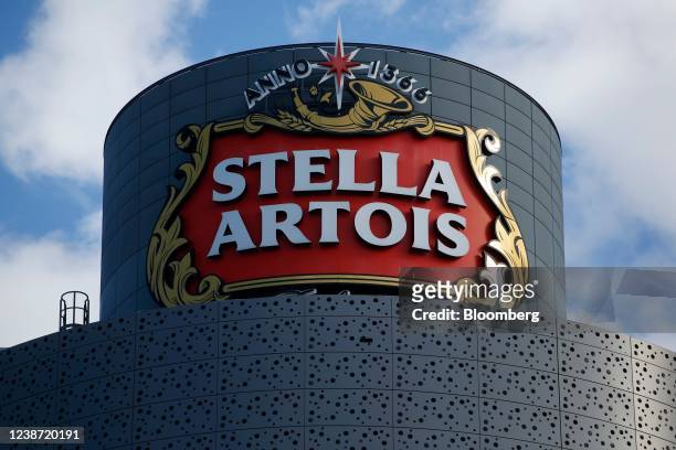 Signage for Stella Artois at the Anheuser-Busch InBev NV brewery in Leuven, Belgium, on Wednesday, Feb. 23, 2022. The focus of the world's largest...