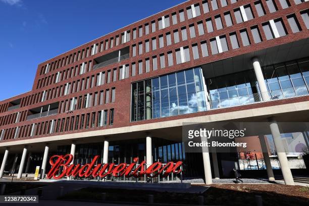 Signage for Budweiser at the headquarters of Anheuser-Busch InBev NV in Leuven, Belgium, on Wednesday, Feb. 23, 2022. The focus of the world's...