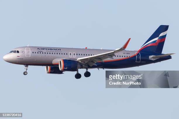 An Aeroflot Airlines of Russia Airbus A320 lands at Frankfurt Airport, Frankfurt, Germany on Wednesday 23rd February