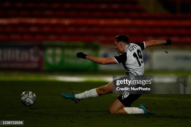 Cedwyn Scott of Gateshead scores their sides first goal during the Vanarama National League North match between Gateshead and Farsley Celtic at the...