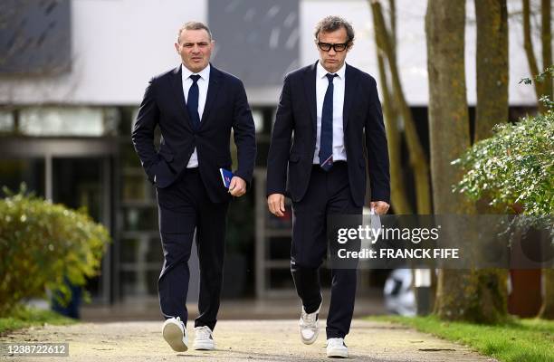 France's rugby union national team head coach Fabien Galthie and general Manager Raphael Ibanez arrive for a press conference to announce the...