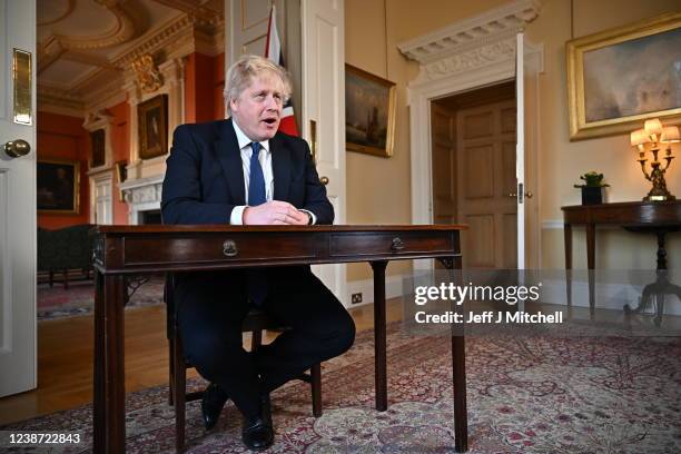 Prime Minister Boris Johnson records an address at Downing Street after he chaired an emergency Cobra meeting to discuss the UK response to the...