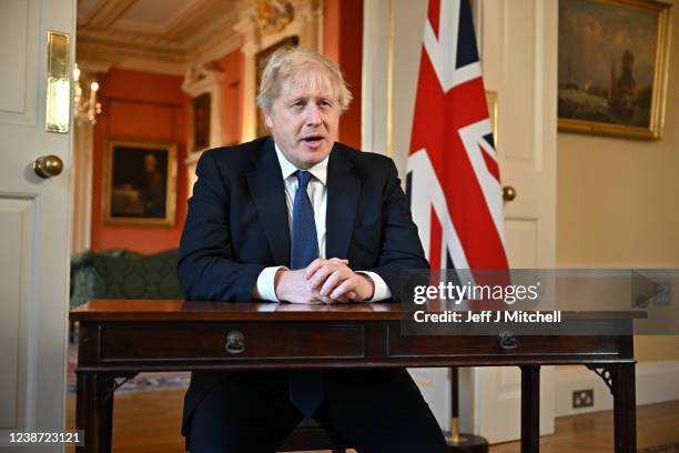Prime Minister Boris Johnson records an address at Downing Street after he chaired an emergency Cobra meeting to discuss the UK response to the...