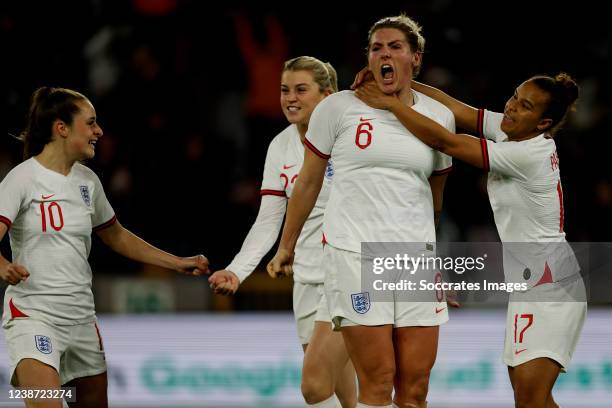 Millie Bright of England Women celebrates her 2-1 with Ella Toone of England Women, Alessia Russo of England Women, Nikita Parris of England Women...