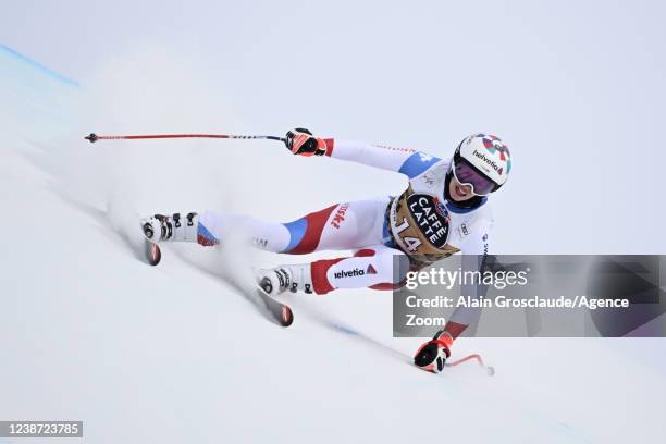 Dominique Gisin of Team Switzerland in action during the Audi FIS Alpine Ski World Cup Women's Downhill Training on February 24, 2022 in Crans...