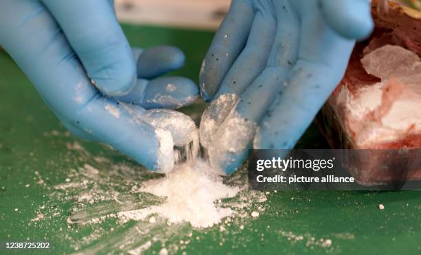 February 2022, Hamburg: A press officer of the Hamburg Customs presents a small part of the seized cocaine at a media event in the port. Customs...