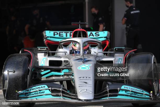 Mercedes' British driver George Russell leaves the pit during the second day of the Formula One pre-season testing at the Circuit de...