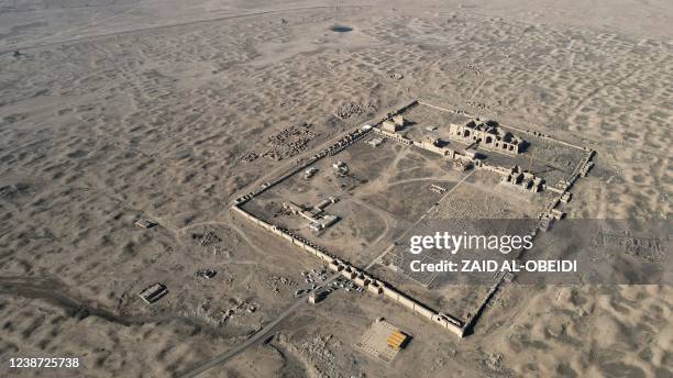 An aerial picture taken on February 24 shows a view of Iraq's ancient city of Hatra in the northern region of al-Hadar, 105 kilometers south of...