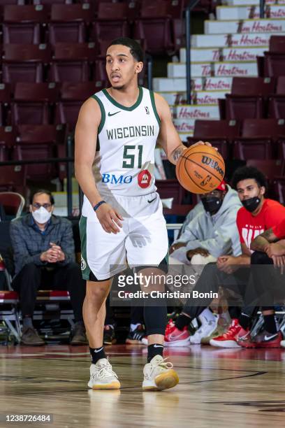 Tremont Waters of the Wisconsin Herd dribbles the ball during an NBA G League game against the Raptors 905 at the Paramount Fine Foods Centre on...