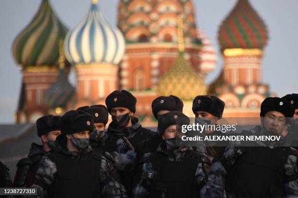 Police block Red Square ahead of a planned unsanctioned protest against Russia's invasion of Ukraine in central Moscow on February 24, 2022. -...