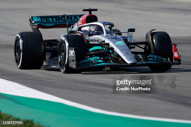 Lewis Hamilton of Great Britain driving the Mercedes AMG Petronas F1 Team Mercedes W13 during Day Two of F1 Testing at Circuit de Barcelona-Catalunya...